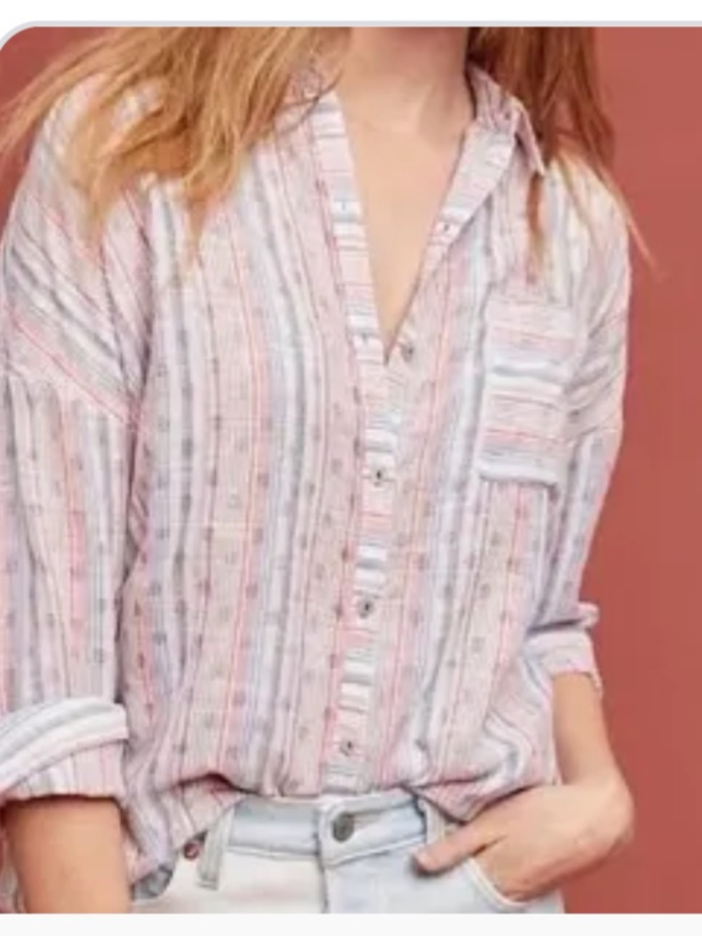 Anthropologie Maeve Breckenridge Striped Button-Front Blouse with polka dots